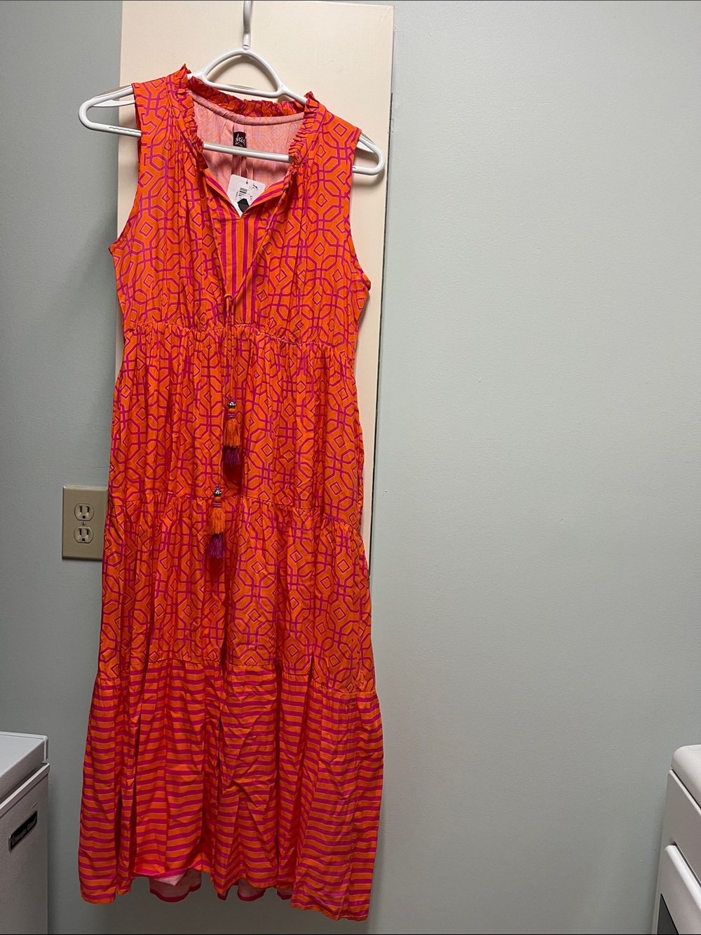 Orange & Pink Sleeveless Midi Dress with Tassel Tie